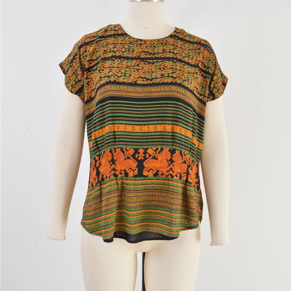 VTG black orange green rayon batik tribal top skirt set small medium - Picture 5 of 16